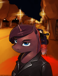 Size: 1112x1461 | Tagged: safe, artist:apocheck13, imported from derpibooru, oc, oc only, anthro, unicorn, car, clothes, jacket, leather jacket, looking at you, night, road, solo, street