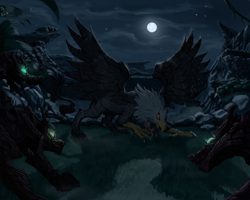 Size: 3000x2400 | Tagged: safe, artist:nsilverdraws, imported from derpibooru, oc, oc only, oc:damascus steel, oc:muffin, griffon, timber wolf, awesome, cloud, detailed, detailed background, epic, fighting stance, full moon, glowing eyes, grass, majestic, male, miniponi, moon, night, protecting