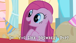 Size: 1280x720 | Tagged: safe, edit, edited screencap, imported from derpibooru, screencap, pinkie pie, party of one, american psycho, cute, pinkamena diane pie, reaction image, smiling