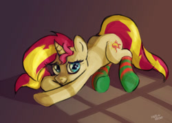 Size: 1400x1000 | Tagged: safe, artist:hardbrony, imported from derpibooru, sunset shimmer, pony, unicorn, clothes, cute, female, looking at you, mare, shimmerbetes, smiling, socks, solo, striped socks