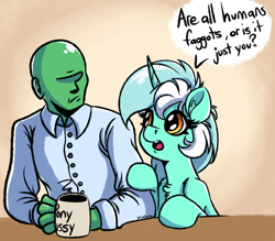 Size: 1024x896 | Tagged: safe, artist:witchtaunter, imported from derpibooru, lyra heartstrings, oc, oc:anon, pony, unicorn, clothes, cup, dialogue, duo, faggot, female, mare, shirt, unamused, ur a faget, vulgar