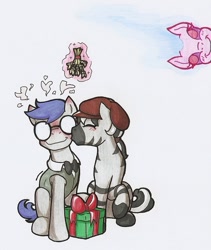 Size: 592x701 | Tagged: safe, artist:ravenpuff, imported from derpibooru, oc, oc only, oc:haas, oc:puzzle piece, oc:solitaire, bat pony, zebra, blushing, clothes, female, glasses, kissing, magic, male, mistletoe, oc x oc, shipping, stallion, straight, traditional art, zebra oc