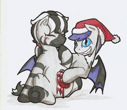 Size: 715x621 | Tagged: safe, artist:ravenpuff, imported from derpibooru, oc, oc only, oc:haas, oc:solitaire, bat pony, pony, zebra, bow, christmas, female, hat, holiday, male, misleading thumbnail, oc x oc, pregnant, ribbon, santa hat, shipping, sitting, stallion, straight, traditional art, zebra oc