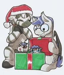 Size: 834x970 | Tagged: safe, artist:ravenpuff, imported from derpibooru, oc, oc only, oc:haas, oc:ibrida, oc:solitaire, hybrid, pony, baby, baby pony, box, christmas, female, glasses, hat, holiday, male, oc x oc, offspring, pony in a box, present, santa hat, shipping, stallion, straight, traditional art, zebat