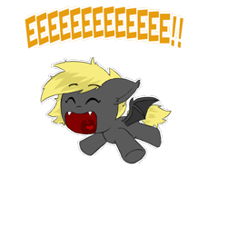 Size: 800x800 | Tagged: safe, artist:sanyo2100, imported from derpibooru, oc, oc only, bat pony, pony, cute, eeee, exclamation point, eyes closed, fangs, female, filly, floppy ears, jumping, mini, open mouth, screaming, screech, simple background, smiling, solo, spread wings, transparent background, underhoof, wings