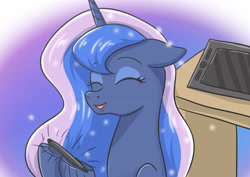 Size: 4092x2893 | Tagged: safe, artist:sumin6301, imported from derpibooru, princess luna, alicorn, pony, drawing tablet, eyes closed, female, mare, smiling, solo, table, tablet pen