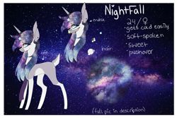 Size: 1500x1000 | Tagged: safe, artist:hyshyy, imported from derpibooru, oc, oc only, oc:nightfall, pony, unicorn, deer tail, female, mare, reference sheet, solo