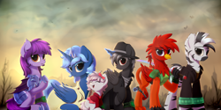 Size: 7000x3500 | Tagged: safe, artist:avastin4, imported from derpibooru, oc, oc only, oc:fast times, oc:platinum glitter, oc:princess jade, oc:valkyrie bloodtail, oc:witching hour, oc:zed, alicorn, bat pony, earth pony, griffon, pony, zebra, fallout equestria, fallout equestria: commonwealth, alicorn oc, artificial alicorn, bat pony oc, bat wings, blank flank, blue alicorn (fo:e), dead tree, eyes closed, fallout 4, fanfic, fanfic art, fangs, female, filly, foal, group photo, gun, handgun, high res, hooves, horn, lying down, magic, male, mare, open mouth, pipbuck, pistol, prone, sitting, stallion, standing, tree, wasteland, weapon, wings