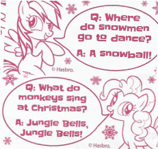 Size: 231x217 | Tagged: safe, imported from derpibooru, pinkie pie, rainbow dash, christmas cracker, joke, monochrome, official, scan