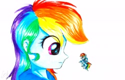 Size: 3302x2117 | Tagged: safe, artist:liaaqila, imported from derpibooru, rainbow dash, pony, equestria girls, clothes, cute, female, human ponidox, looking at each other, mare, micro, pun, self ponidox, size difference, tiny, tiny ponies, traditional art, visual pun