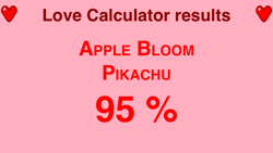 Size: 1136x640 | Tagged: safe, imported from derpibooru, apple bloom, pikachu, crack shipping, crossover, crossover shipping, heart, ikue otani, love calculator, meme, no pony, pokémon, shipping, text, text only, voice actor joke