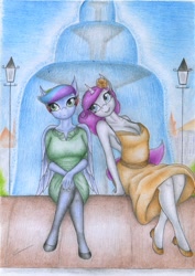 Size: 1637x2308 | Tagged: safe, artist:sinaherib, imported from derpibooru, oc, oc only, oc:amber earring, oc:rainfall, anthro, anthro oc, clothes, dress, female, fountain, mare, next generation, offspring, parent:fancypants, parent:rainbow dash, parent:rarity, parent:soarin', parents:raripants, parents:soarindash, sitting, smiling, traditional art