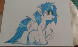 Size: 1196x720 | Tagged: safe, artist:annuthecatgirl, imported from derpibooru, oc, oc only, oc:sharp shear, pony, unicorn, chest fluff, curved horn, ear fluff, ear piercing, earring, female, jewelry, piercing, solo, traditional art, unshorn fetlocks