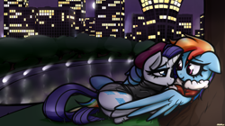 Size: 3874x2176 | Tagged: safe, artist:jetwave, imported from derpibooru, rainbow dash, rarity, pegasus, pony, unicorn, beatnik rarity, beret, butt, city, clothes, cuddling, featured image, female, hat, lesbian, mare, moon, night, plot, raridash, sexy, shipping, shoes, smiling, snuggling, sogreatandpowerful, sweater, tree, unmakeable love