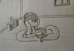 Size: 2555x1784 | Tagged: safe, artist:cartooniste2z, imported from derpibooru, fluttershy, pony, beanie, clothes, corner, female, hat, moody, music, socks, solo, traditional art