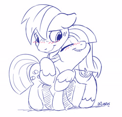 Size: 2427x2330 | Tagged: safe, artist:dilarus, deleted from derpibooru, imported from derpibooru, big macintosh, marble pie, earth pony, pony, blushing, cute, female, hug, lip bite, male, marblemac, mare, monochrome, partial color, shipping, simple background, stallion, straight, white background