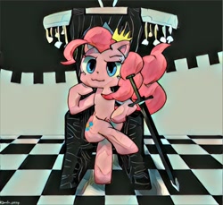 Size: 1080x991 | Tagged: safe, artist:jawlo, imported from derpibooru, pinkie pie, earth pony, pony, crown, female, jewelry, regalia, solo, sword, throne, throne slouch, weapon