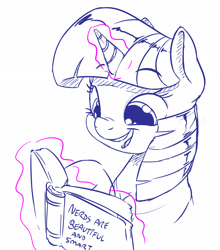 Size: 2138x2433 | Tagged: safe, artist:dilarus, deleted from derpibooru, imported from derpibooru, twilight sparkle, pony, book, bust, cute, female, glowing horn, magic, mare, nerd, open mouth, partial color, simple background, solo, telekinesis, truth, twiabetes, white background