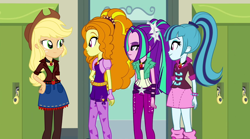 Size: 1280x712 | Tagged: safe, artist:3d4d, artist:mixiepie, edit, edited screencap, imported from derpibooru, screencap, adagio dazzle, applejack, aria blaze, sonata dusk, equestria girls, alternate universe, canterlot high, clothes, door, gem, hallway, lockers, siren gem, the dazzlings, traitor