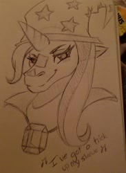 Size: 980x1342 | Tagged: safe, artist:hpbudgecraft, imported from derpibooru, trixie, pony, unicorn, female, hat, mare, smiling, solo, traditional art