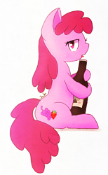 Size: 942x1525 | Tagged: safe, artist:jawlo, imported from derpibooru, berry punch, berryshine, earth pony, pony, bottle, female, hug object, mare, open mouth, profile, simple background, sitting, solo, tongue out, wine bottle