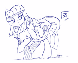 Size: 2832x2288 | Tagged: safe, artist:dilarus, deleted from derpibooru, imported from derpibooru, maud pie, trixie, earth pony, pony, unicorn, female, floppy ears, lesbian, mare, mauxie, monochrome, ponies riding ponies, shipping, simple background, size difference, sleeping, speech bubble, white background, z