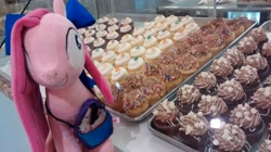 Size: 2592x1456 | Tagged: safe, artist:onlyfactory, imported from derpibooru, pinkie pie, earth pony, pony, fanfic:cupcakes, bootleg, bow, build-a-bear, cupcake, cute, cuteamena, female, food, hair bow, irl, mare, photo, pinkamena diane pie, plushamena, plushie