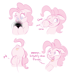 Size: 1000x1000 | Tagged: safe, artist:heir-of-rick, imported from derpibooru, pinkie pie, earth pony, pony, black hole, bust, chewing, colored sketch, dialogue, eating, edible heavenly object, female, floppy ears, gulp, how, mare, open mouth, pinkie being pinkie, pinkie physics, simple background, smiling, tangible heavenly object, this explains everything, tongue out, white background, xk-class end-of-the-world scenario