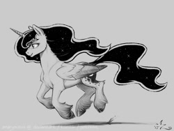 Size: 1200x900 | Tagged: safe, artist:amarynceus, imported from derpibooru, princess luna, alicorn, pony, cloven hooves, female, freckles, galloping, gray background, grayscale, mare, monochrome, simple background, smiling, solo, unshorn fetlocks