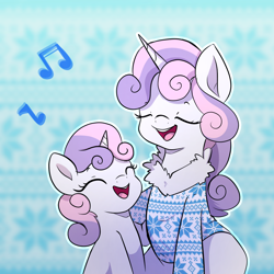 Size: 1000x1000 | Tagged: safe, artist:little-tweenframes, deleted from derpibooru, imported from derpibooru, sweetie belle, pony, unicorn, series:sciset diary, clothes, duality, duet, equestria girls ponified, eyes closed, female, filly, music notes, older, ponified, self paradox, self ponidox, singing, smiling, sweater