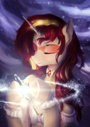 Size: 2480x3508 | Tagged: safe, artist:aidelank, imported from derpibooru, sunset shimmer, pony, unicorn, equestria girls, daydream shimmer, eyes closed, female, goddess, magic, mare, solo, sunset shimmer is god