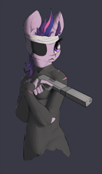 Size: 1167x2000 | Tagged: safe, artist:thelittlesnake, imported from derpibooru, twilight sparkle, anthro, eyepatch, female, future twilight, gray background, gun, handgun, metal gear, pistol, silencerco osprey, simple background, solid sparkle, solo, suppressor