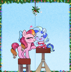 Size: 540x548 | Tagged: safe, artist:carouselunique, artist:little-tweenframes, deleted from derpibooru, imported from derpibooru, oc, oc only, oc:honeycrisp blossom, oc:sparkling sapphire, pony, series:sciset diary, baby, baby pony, bow, collaboration, hair bow, holly, holly mistaken for mistletoe, magical lesbian spawn, mistleholly, mistletoe, mistletoe meme, offspring, parent:big macintosh, parent:princess cadance, parent:sci-twi, parent:sunset shimmer, parents:cadmac, parents:scitwishimmer