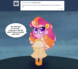 Size: 1200x1060 | Tagged: safe, artist:carouselunique, imported from derpibooru, oc, oc only, oc:honeycrisp blossom, equestria girls, ask, flower, flower in hair, offspring, parent:big macintosh, parent:princess cadance, parents:cadmac, raincoat, solo, speech bubble, tumblr