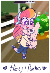 Size: 500x719 | Tagged: safe, artist:carouselunique, artist:honeycrisp-tales, imported from derpibooru, oc, oc only, oc:honeycrisp blossom, oc:peaches the pig, pig, equestria girls, converse, freckles, hairband, holding, offspring, parent:big macintosh, parent:princess cadance, parents:cadmac, pet, pet oc, shoes