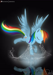 Size: 3508x4961 | Tagged: safe, artist:edonovaillustrator, imported from derpibooru, rainbow dash, pegasus, pony, black background, eyes closed, female, landing, lineless, mare, patreon, patreon logo, reflection, simple background, solo, spread wings, water, wings