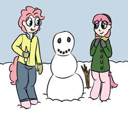 Size: 1562x1402 | Tagged: safe, artist:heretichesh, imported from derpibooru, oc, oc only, oc:mumble, oc:pogo, satyr, brother and sister, female, male, offspring, parent:pinkie pie, siblings, snowman