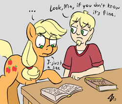 Size: 1501x1287 | Tagged: safe, artist:heretichesh, imported from derpibooru, applejack, oc, oc:bucky, earth pony, pony, satyr, ..., book, calculus, dialogue, facial hair, fancy mathematics, female, frown, goatee, gradient background, gray background, lidded eyes, male, mare, math, mother and son, no pupils, offspring, parent:applejack, raised hoof, reading, simple background, table, unamused, wide eyes