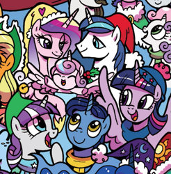 Size: 835x847 | Tagged: safe, idw, imported from derpibooru, applejack, cookie crumbles, hondo flanks, night light, princess cadance, princess celestia, princess flurry heart, princess luna, rarity, sweetie belle, twilight sparkle, twilight velvet, windy whistles, alicorn, earth pony, pegasus, pony, unicorn, spoiler:comic, spoiler:comicholiday2017, baby, c:, christmas, cropped, cute, diaper, eyes closed, family, female, filly, foal, happy, hat, holiday, holly, lidded eyes, mare, open mouth, santa hat, smiling, sparkle family, spread wings, twilight sparkle (alicorn), wings