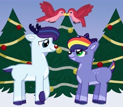 Size: 3255x2841 | Tagged: safe, artist:kindheart525, imported from derpibooru, oc, oc only, oc:paint swirl, oc:royal splendor, deer, reindeer, kindverse, christmas, christmas tree, holiday, looking at each other, offspring, parent:fancypants, parent:rainbow dash, parent:rarity, parent:soarin', parents:raripants, parents:soarindash, rudolph the red nosed reindeer, species swap, tree