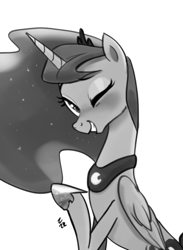 Size: 570x778 | Tagged: safe, artist:ehfa, imported from derpibooru, princess luna, alicorn, pony, blushing, cute, female, grayscale, grin, looking at you, lunabetes, mare, monochrome, one eye closed, raised hoof, simple background, sitting, smiling, solo, squee, waving, white background, wink