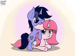 Size: 2048x1536 | Tagged: safe, artist:kimjoman, artist:php142, imported from derpibooru, oc, oc only, oc:purple flix, oc:rosa flame, pony, unicorn, biting, chibi, cute, duo, ear bite, female, looking at each other, male, nom, playing, sitting