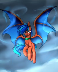 Size: 875x1080 | Tagged: safe, artist:mariashapony, artist:mariashek, imported from derpibooru, oc, oc only, oc:bluemist, bat pony, pony, bat pony oc, bat wings, collar, fangs, looking at you, male, piercing, simple background, solo, stallion