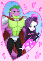 Size: 1895x2684 | Tagged: safe, artist:liu ting, imported from derpibooru, rarity, spike, dragon, equestria girls, abs, beefspike, burlesque, cape, clothes, feather, female, heart, knight spike, looking at you, male, muscles, older, older spike, shipping, skirt, smiling, sparity, straight