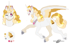 Size: 1320x800 | Tagged: safe, artist:bijutsuyoukai, imported from derpibooru, oc, oc only, oc:gilded bell, alicorn, pony, alicorn oc, cutie mark background, female, horseshoes, mare, one eye closed, reference sheet, simple background, solo, transparent background, wink