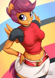 Size: 955x1351 | Tagged: safe, artist:mysticalpha, imported from derpibooru, scootaloo, anthro, pegasus, alternate hairstyle, belly button, belt, breasts, caramella girls, caramelldansen, clothes, cute, female, leggings, looking at you, midriff, miniskirt, moe, older, older scootaloo, skirt, skirtaloo, smiling, socks, solo, tail, thigh highs, tight clothing, wings, zettai ryouiki