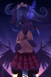 Size: 1000x1500 | Tagged: safe, artist:togeticisa, imported from derpibooru, princess luna, anthro, candy, clothes, cloud, cute, female, food, glowing horn, horn, leggings, lollipop, magic, moon, night, pleated skirt, school uniform, skirt, sky, socks, solo, stars, telekinesis, thigh highs, wings