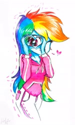 Size: 2121x3526 | Tagged: safe, artist:liaaqila, imported from derpibooru, rainbow dash, equestria girls, clothes, cute, dashabetes, female, heart, heart hands, looking at you, multicolored hair, simple background, solo, traditional art