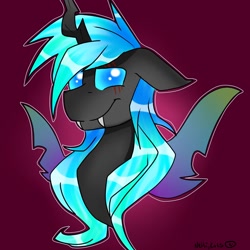 Size: 960x960 | Tagged: safe, artist:thelegendaryuniverse, imported from derpibooru, oc, oc only, oc:kryostasis, changeling, blue changeling, changeling oc, digital art, looking at you, smiling, solo