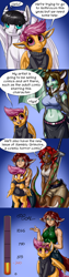 Size: 700x2800 | Tagged: safe, artist:aphexangel, imported from derpibooru, scootaloo, oc, oc:laura the zony, anthro, dragon, pegasus, pony, anthro with ponies, clothes, dialogue, ear fluff, holding a pony, looking at you, non-mlp oc, stalkerloo